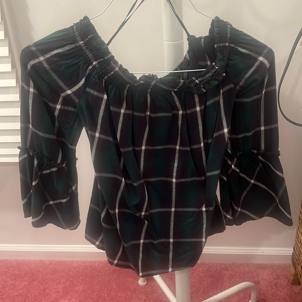 Off the shoulder, green, navy & white plaid three quarter sleeve shirt